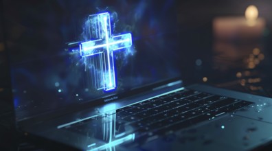 Religion and Christianity online. Concept of Christian science and technology, AI generated