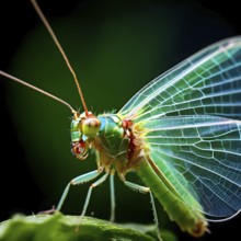 Macro of a green lacewing (Chrysoperla carnea), showing its iridescent wings, thin legs, and