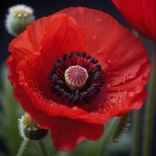 Macro of a common poppy (Papaver rhoeas), capturing the delicate red petals and intricate stamen