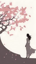 Abstract minimalist spring scene with a single, sharp silhouette of a young woman and of a blooming