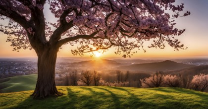 Spring scene with a single, sharp silhouette of a blooming tree on a hill, with subtle color