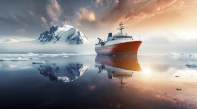 Icebreaker ship in cold Antarctic ocean on expedition mission discovering new energy resources., AI