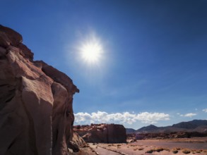 Red rock formations at the ancient petroglyphs in the Atacama Desert, Chile, South America