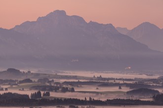 Foggy mood, morning light, mountain landscape, autumn, Alpine foothills, Königswinkel, view of