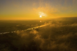 Aerial view of the Elbe valley near Zehren at sunrise with morning fog, Saxon Elbland, Saxony,