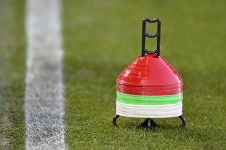 Stand with marking caps, marking discs, cones for football training, grass, WWK Arena, Augsburg,