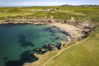 The beach at Caerfai Bay near St Davids seen from the air, Wales, Great Britain