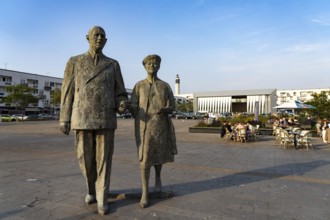 Statues of Yvonne and Charles De Gaulle on the Place d'Armes in Calais, France, Europe