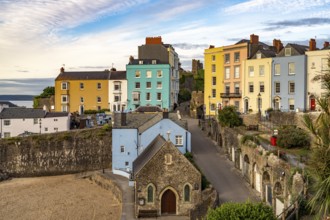 St Julian's Chapel and the colourful houses of Tenby, Wales, Great Britain