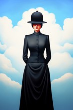 Surrealist representation of a woman in black dress with a bowler hat, AI generated