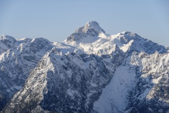 Steep rocky mountain peaks with snow, summit Großer Hundstod, from Jenner, Berchtesgaden National