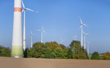 Wind turbines, blue sky, Schönberg, Mecklenburg-Western Pomerania, Germany, Europe