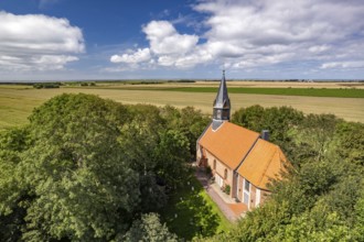 St Vincent's Church in Odenbüll seen from the air, Nordstrand peninsula, North Friesland district,