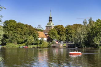 Westersielzug Canal and St Christopher's Church in Friedrichstadt, North Friesland District,