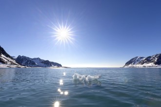 Melting ice in summer floating in Magdalenefjorden, fjord in Albert I Land on Svalbard,