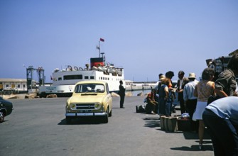 Ferry Mons Calpe of London, built in 1954, passengers waiting to embark, harbour of Tangier,