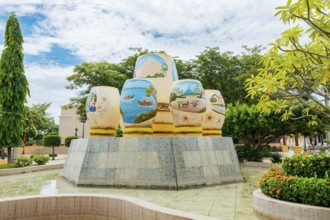 Artisanal gourds from a cultural source in Nagarote, Nicaragua. Cultural gourds in in a fountain.