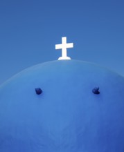 Close-up of blue dome with white cross, Agios Spiridonas, St Spyridon Church, Ia, Oia, Santorini,