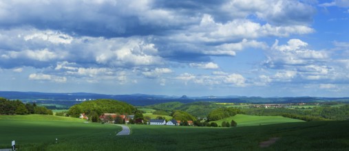 View from Schmorsdorf in the Osterzegebirge mountains into Saxon Switzerland with the Lilienstein