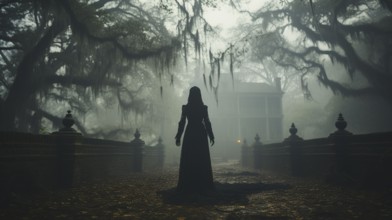 Eerie haunting ghostly female figure walking in front of a foggy southern plantation antebellum