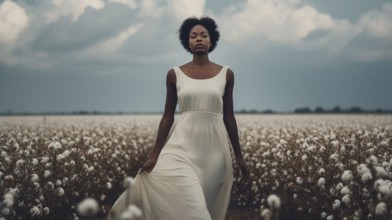 Contemplative mysterious african american woman standing amidst the cotton field. generative AI