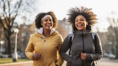 Happy african american female friends enjoying a healthy run in the park together. generative AI