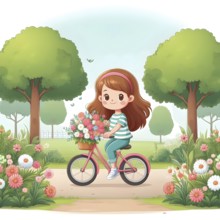 Cute anime girl on bicycle with flowers in a park, AI generated