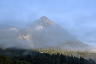 Mountain peak in the morning mist, Schönau, Königssee, Berchtesgaden National Park, Berchtesgadener