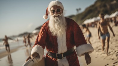 Jolly santa claus wearing sunglasses standing next to his surfboard on the beach. generative AI