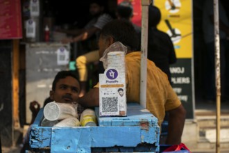 A Unified Payment Interface (UPI) barcode, or QR code, is kept at a stall for customers to make