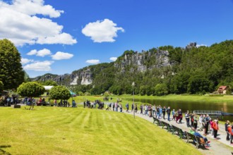 Rathen in Saxon Switzerland, queue for the ferry across the Elbe River