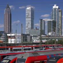 Elevated city view with many trains, railway station and skyscrapers, Frankfurt am Main, Hesse,