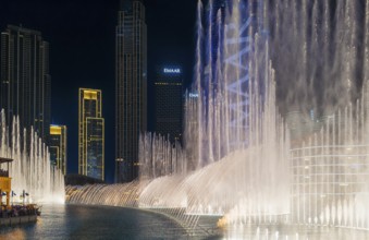 Night shot, water feature in Burj Khalifa Lake, Burk Khalifa, Downtown, Dubai, United Arab