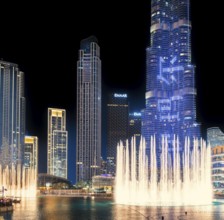 Night shot, water feature in Burj Khalifa Lake, Burk Khalifa, Downtown, Dubai, United Arab