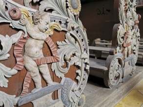 Carved pews, interior of the collegiate church of Speinshart Monastery, abbey of the