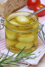 Garlictoes (Allium sativum) in olive oil, with rosemary