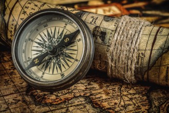 Travel geography navigation concept background, old vintage retro compass on ancient world map