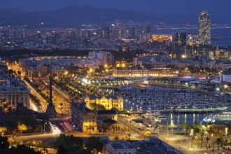 Aerial view of Barcelona city skyline with city traffic and port with yachts illuminated in the