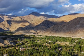 View of Leh from above from Shanti Stupa on sunset. Ladakh, Jammu and Kashmir, India, Asia