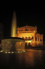 Lucae Fountain with Old Opera House, night shot, illumination, lighting, artificial light, Opera