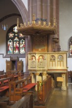 Interior view with pulpit of the neo-Gothic St. Peter's Church, Heppenheim, Bergstrasse, Hesse,