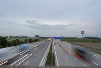 Traffic on the A2 motorway, light tracks of cars and trucks, Magdeburg, Saxony-Anhalt, Germany,