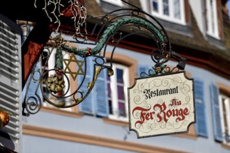 Sign at the Restaurant Au Fer Rouge, Colmar, Département Haut-Rhin, Alsace, France, Europe