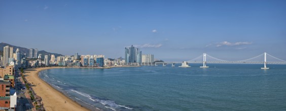 BUSAN, SOUTH KOREA, APRIL 11, 2017: Panorama of Gwangalli Beach and Gwangan bridge in Busan, a