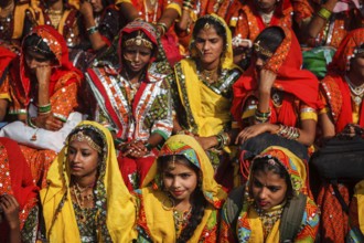 PUSHKAR, INDIA, NOVEMBER 21, 2012: Unidentified Rajasthani girls in traditional outfits prepare for