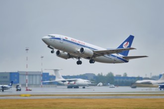 MINSK, BELARUS, JUNE 15, 2018: Belavia belarusian airlines flight Boeing 737-500 plane taking off