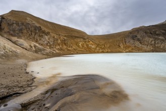 Víti crater lake in the crater of Askja volcano, volcanic landscape, Dyngjufjöll mountain massif,