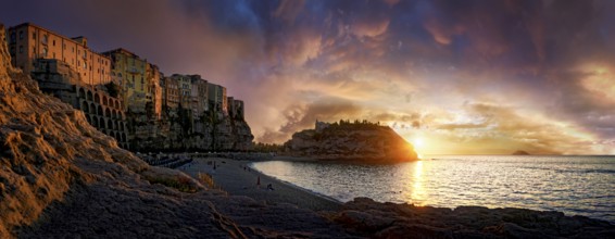 Panorama on the beach Lido Le Roccette Club Tropea with the old town of Tropea situated on rocks of