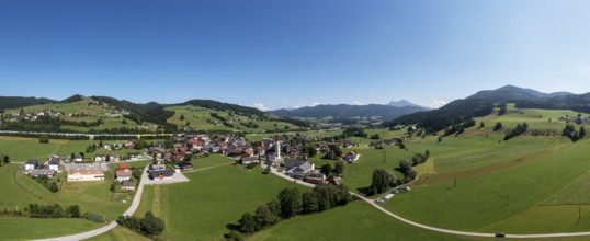 Drone shot, panorama shot, agricultural landscape with village Oberwang, Salzkammergut, Upper