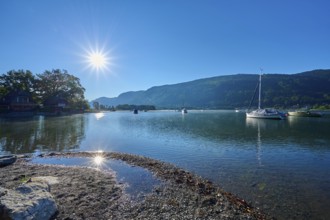 Lakeside, sailboats, sun, morning, summer, Steindorf am Lake Ossiach, Lake Ossiach, Carinthia,